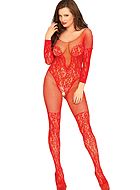 Elegant bodystocking, open crotch, floral lace, long sleeves